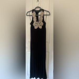 INC Evening Maxi Dress. Black w/ Cream Embroidered Design. Racer Back Size XS